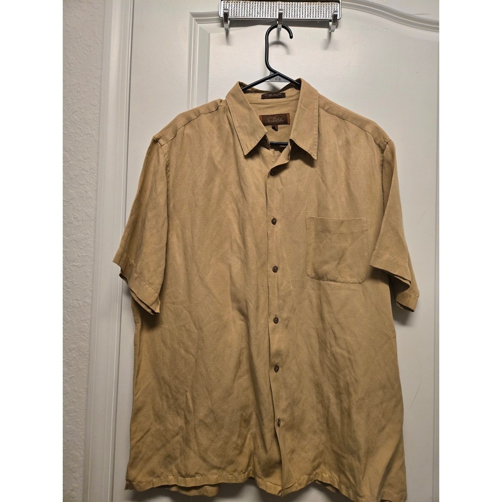 Tasso Elba Mens XL Silk Linen Short Sleeve Button Down Shirt Tan Khaki Safari